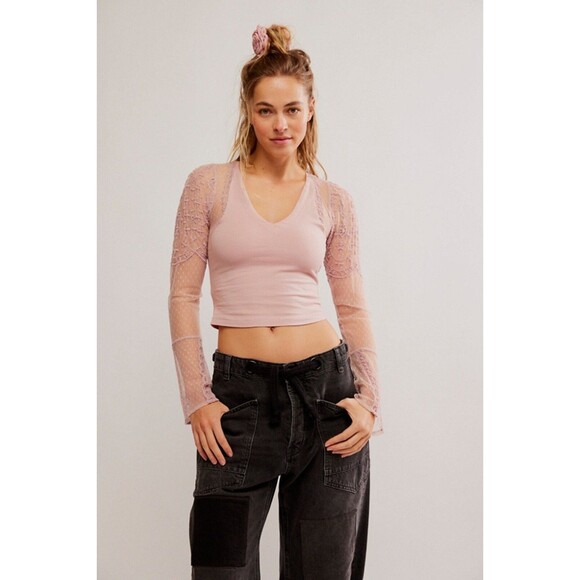 Intimatley Free People Who's That Girl Long-Sleeve Cropped Top Lace M New 280327 - Picture 1 of 8